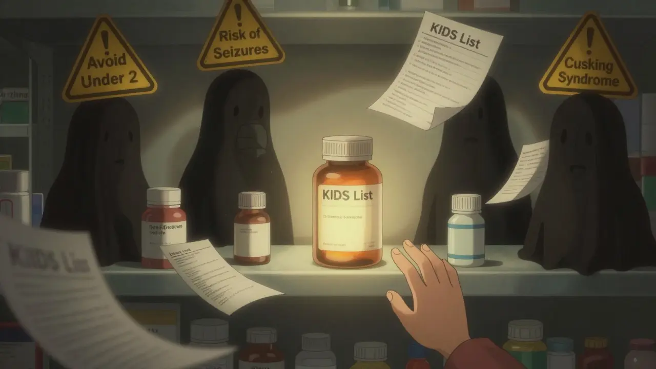 Pharmacy shelf with generic pills as shadowy warning figures, one branded bottle glowing in center.