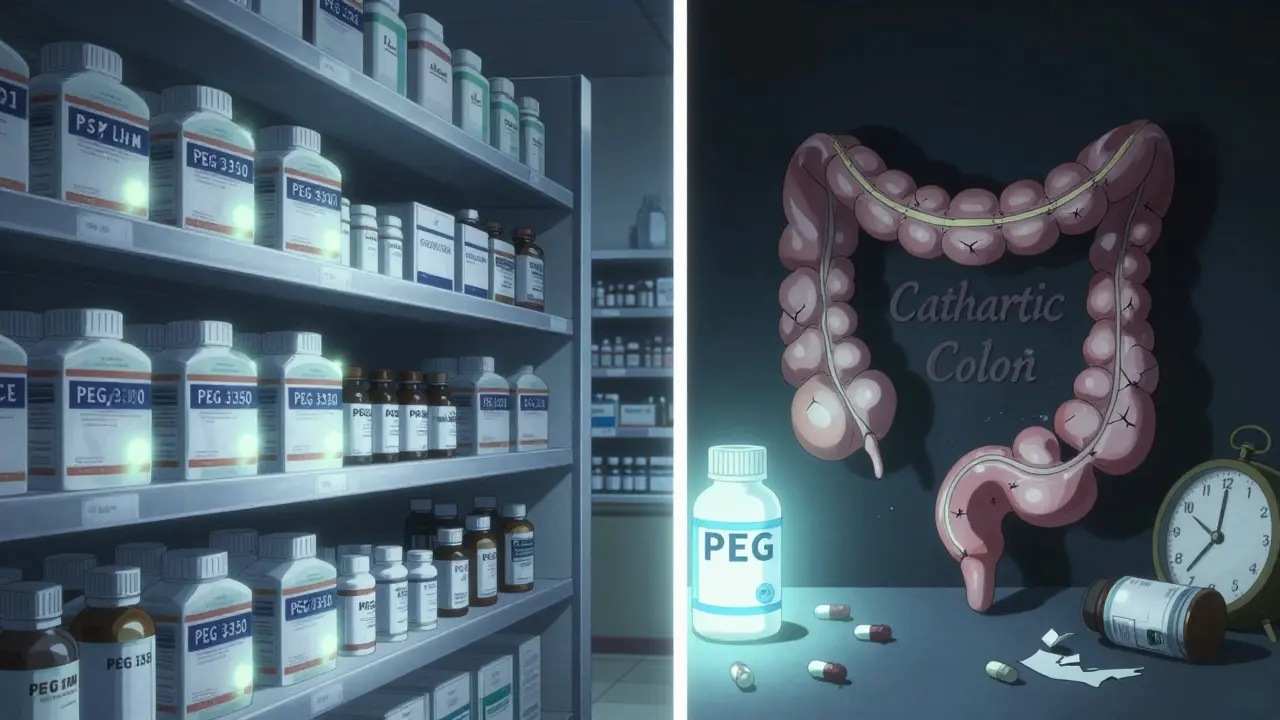 Pharmacy shelf with glowing laxatives, cracked colon in shadow, PEG 3350 bottle shining brightly.