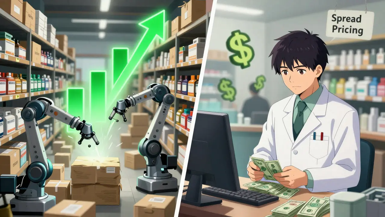 Split scene: a robotic mail-order warehouse vs. a struggling independent pharmacy, profit margins contrasted dramatically.