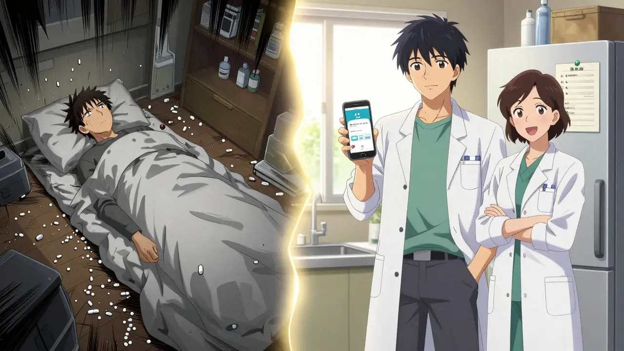 Split scene: chaotic room with pills vs. calm kitchen with app and pharmacist, showing improved understanding.