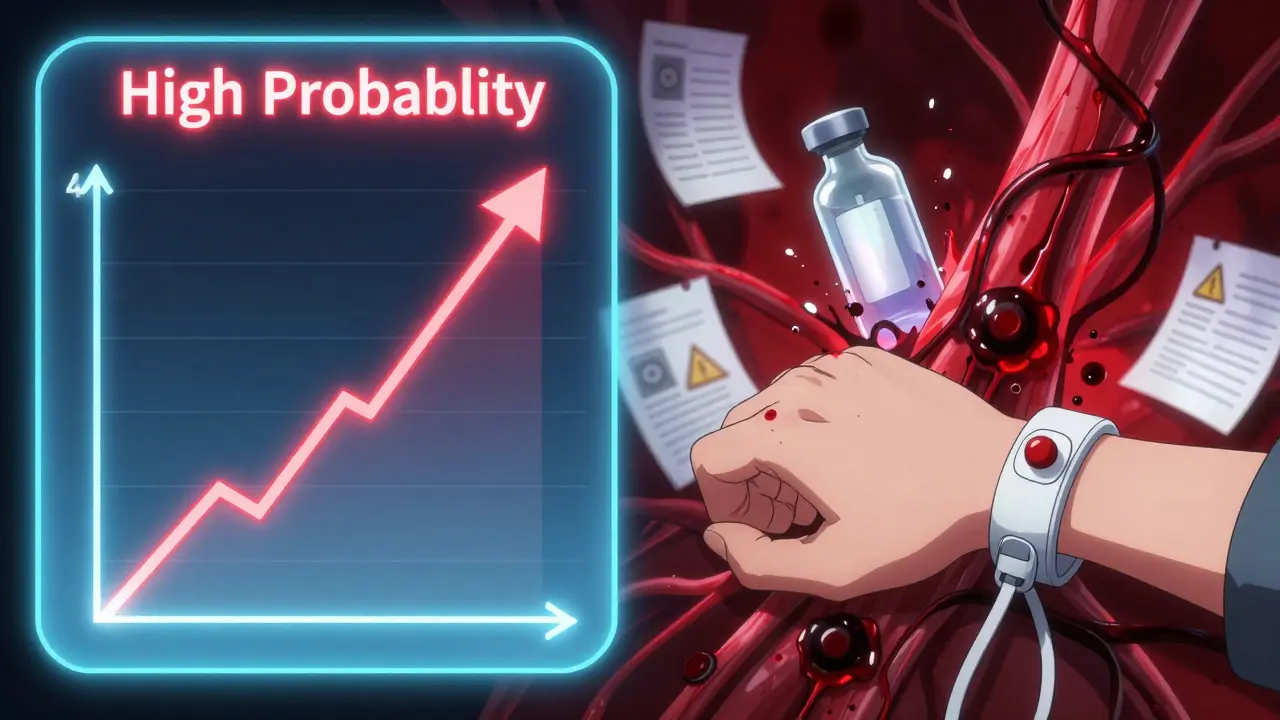 Split scene: glowing 4Ts score chart and shadowy clots in veins, patient gripping medical alert bracelet.