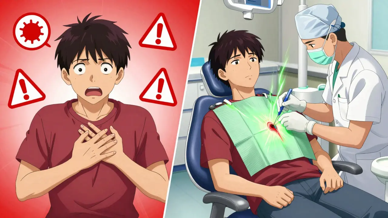 Split scene: left shows danger from stopping blood thinners, right shows safe dental procedure with healing glow.