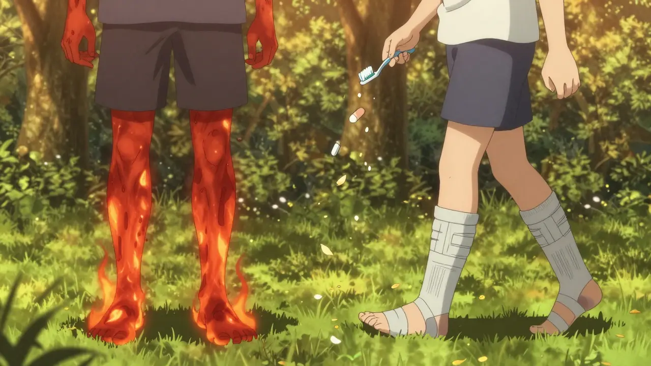 Split scene: painful swollen hands and feet transforming into healed skin with sunlight and peace.