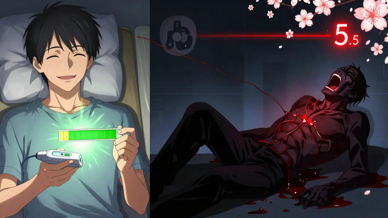 Split scene: person safely testing INR at home vs. shadowy figure bleeding from high INR.