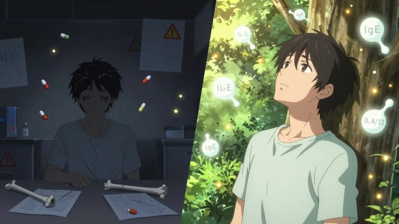 Split scene: person trapped by steroids on one side, free and breathing easily with biologic molecules on the other.