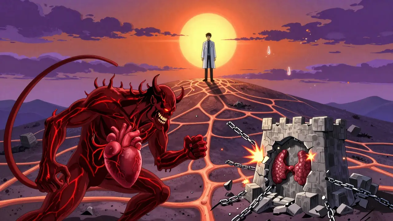 Symbolic battle inside body: Strattera figure vs Adderall demon near crumbling thyroid fortress.