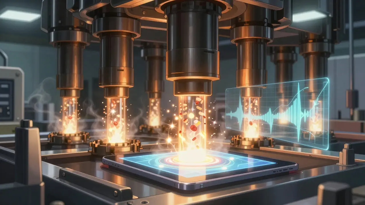 Tablet being compressed by glowing mechanical pistons with bioequivalence graphs nearby.