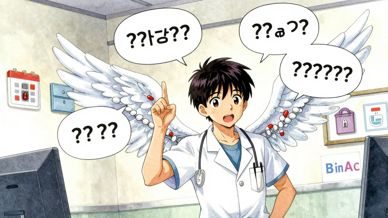 Teen talking to doctor with floating question bubbles, pills turning into wings.