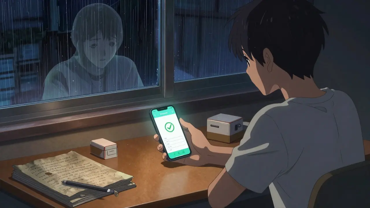 Teen using medication app at night, ghostly younger self watching, locked box nearby.