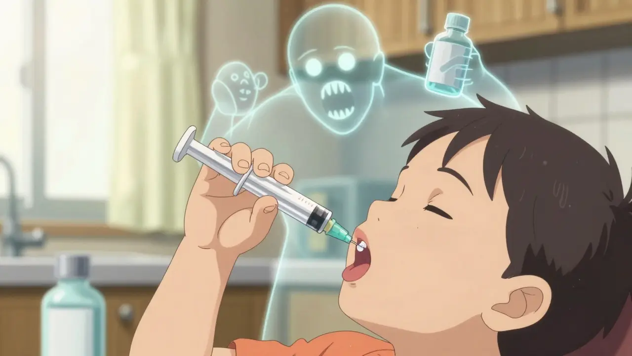 Toddler taking medicine with oral syringe as dangerous chemical ghosts float around the bottle.