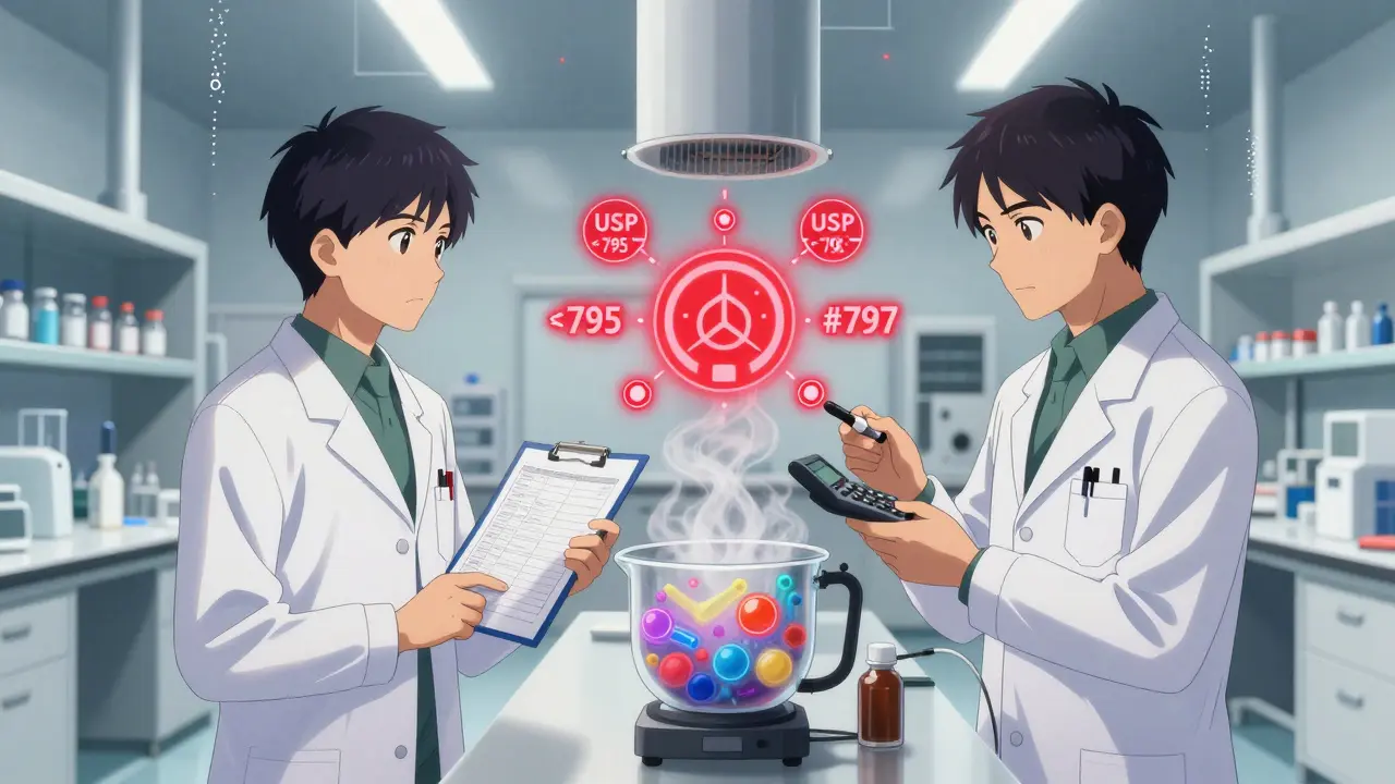 Two pharmacists performing dual verification in a cleanroom with glowing USP standards and barcode scanner.