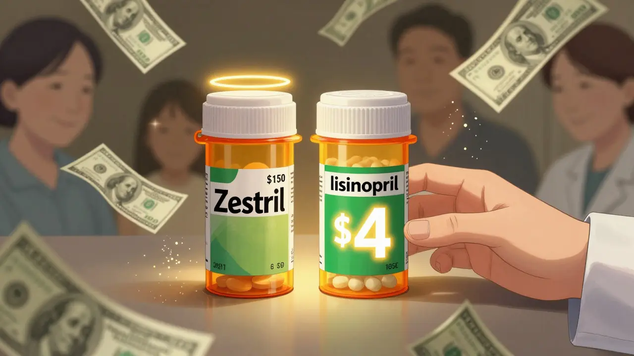 Two pill bottles side by side: expensive brand name vs. cheap generic with price tags.