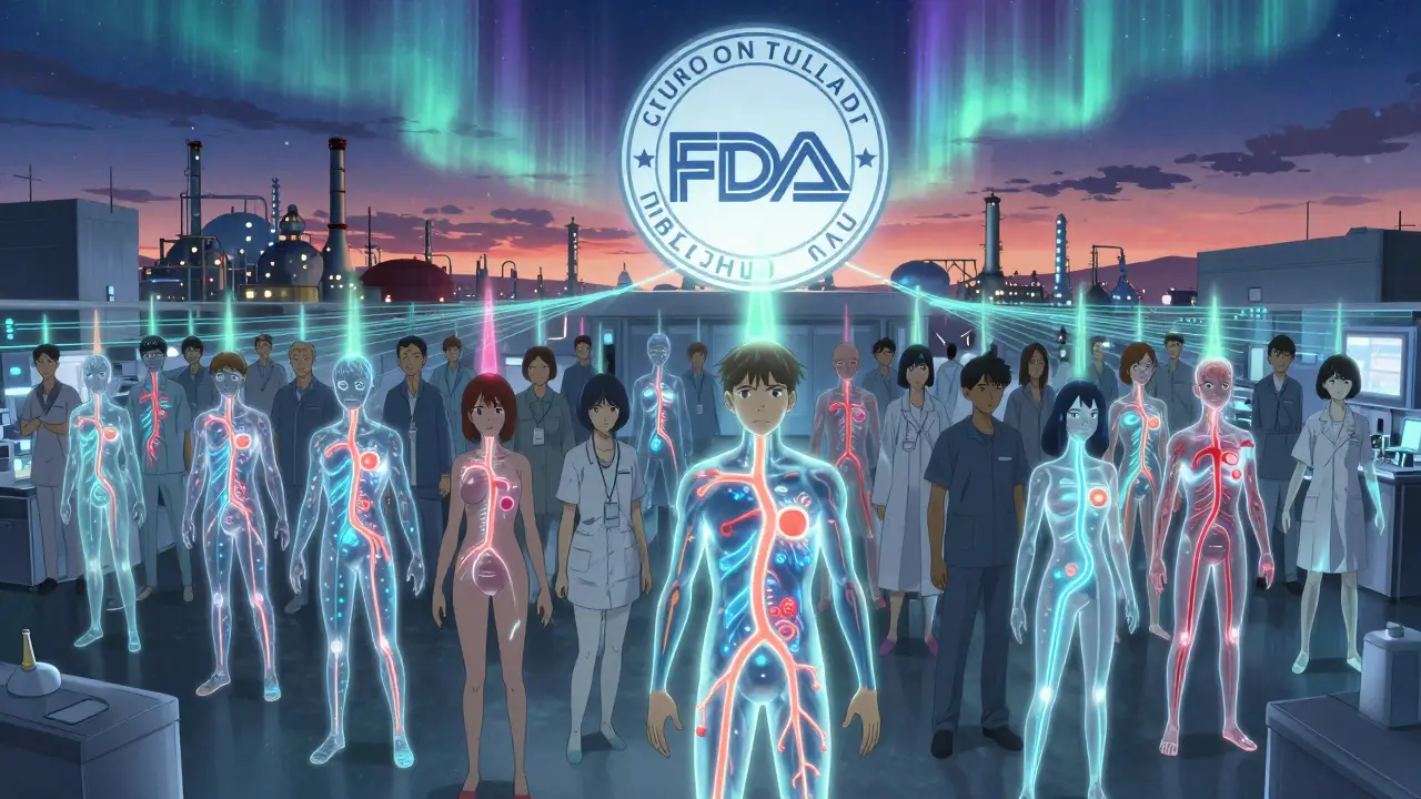 Volunteers with glowing bloodstreams as Cmax and AUC auroras rise above them.