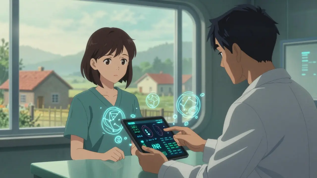 Woman with live INR data streaming to doctor, AI constellations around her, rural homes in distance.