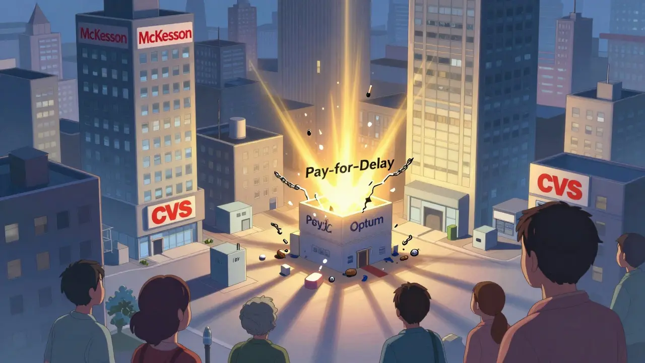 A glowing third generic factory breaking a 'Pay-for-Delay' chain, with patients below illuminated in relief.