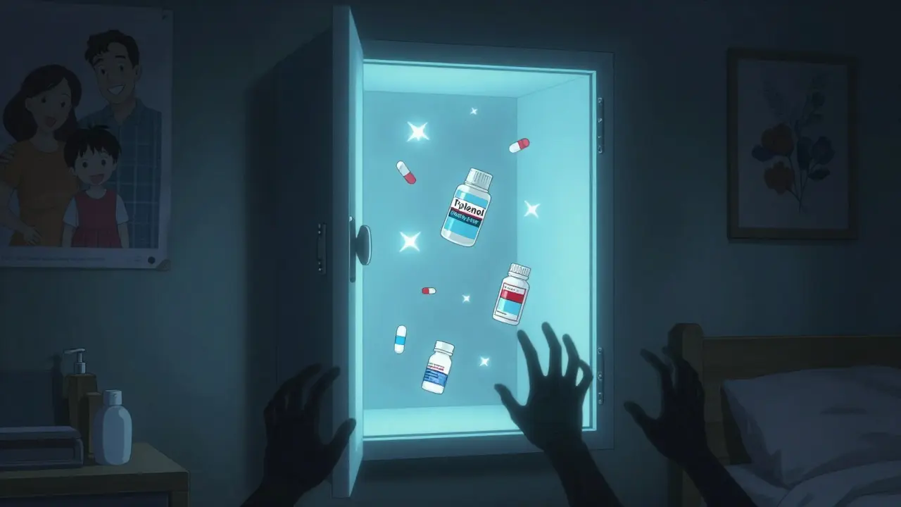 A locked medicine cabinet glows as shadowy hands reach out, symbolizing hidden household dangers.