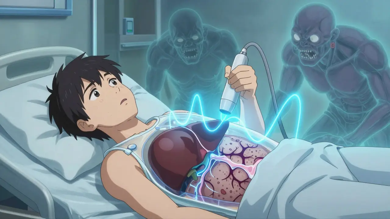 A patient's transparent torso revealing liver fibrosis detected by a FibroScan, with metabolic disorders as shadowy figures.