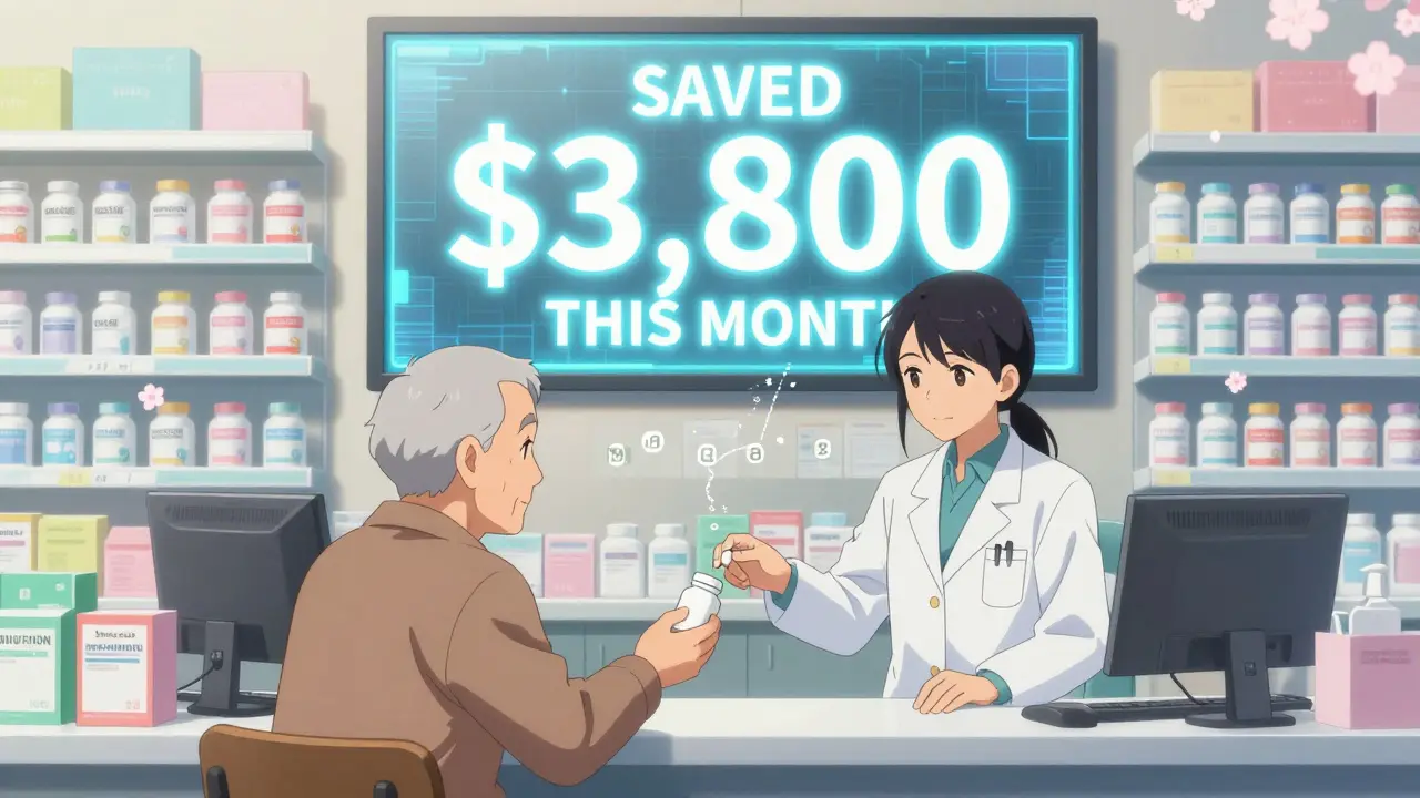 A pharmacist hands a generic pill bottle to an elderly man, with a digital screen showing massive savings in the background.