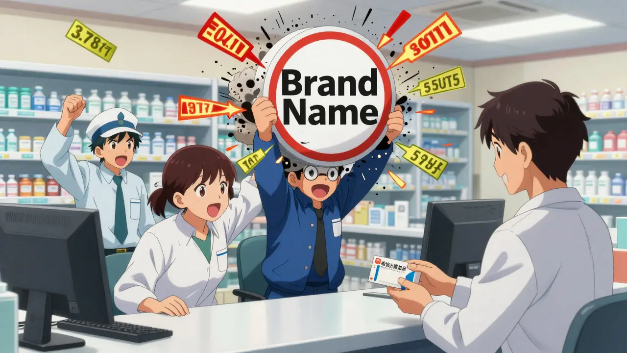 Anime-style generic manufacturers in a pricing battle, destroying a brand-name drug logo with price tags.