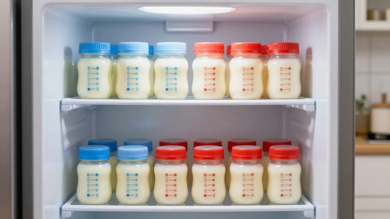 Color-coded breast milk containers organized in refrigerator with soft lighting.