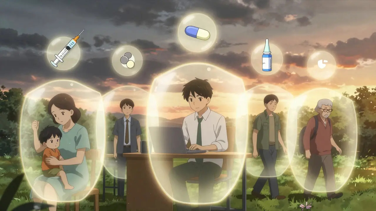 Diverse patients protected by golden shields as CGRP inhibitor treatments hover above them, symbolizing restored daily life.