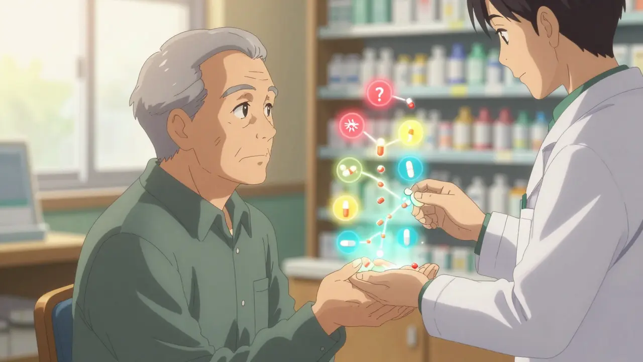 Elderly patient and pharmacist reviewing color-coded drug side effects in a warm, intimate pharmacy setting.