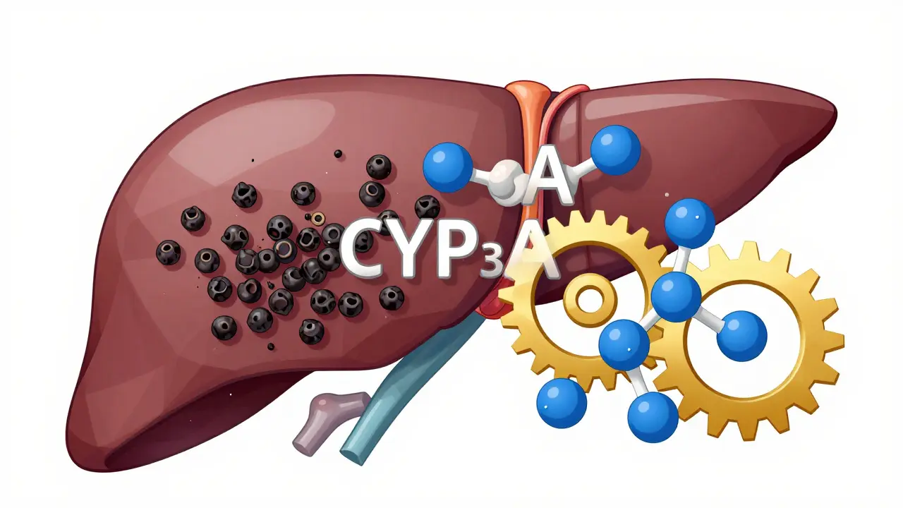 Liver with piperine blocking enzymes and warfarin buildup.