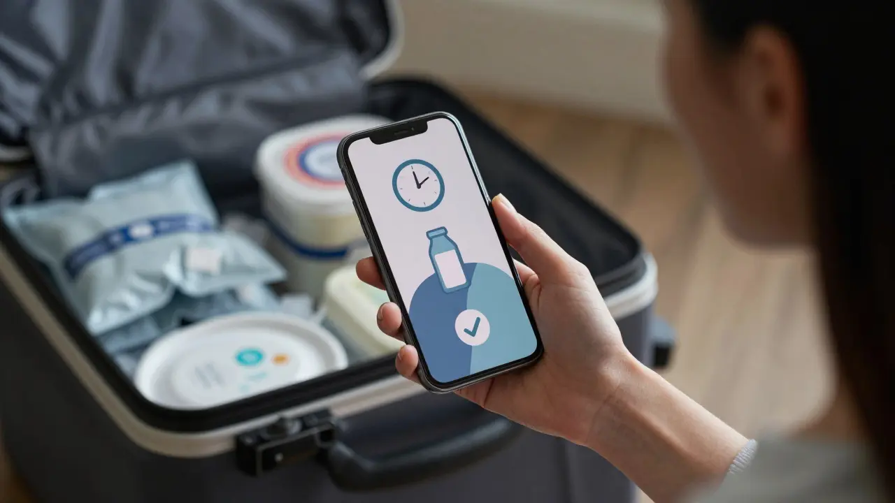 Mother using smartphone with abstract symbols for medication timing.