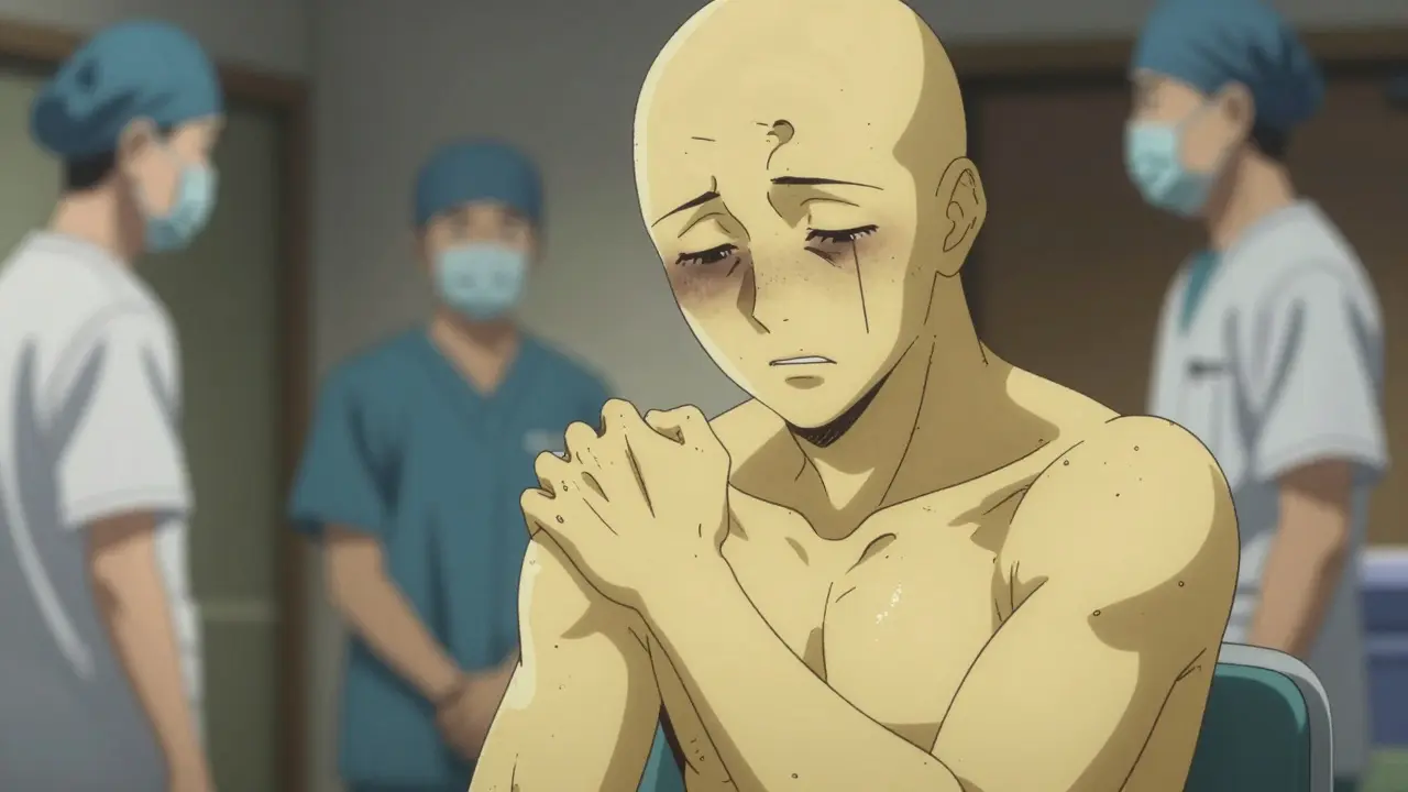 Patient with jaundice and bruising, medical staff present.