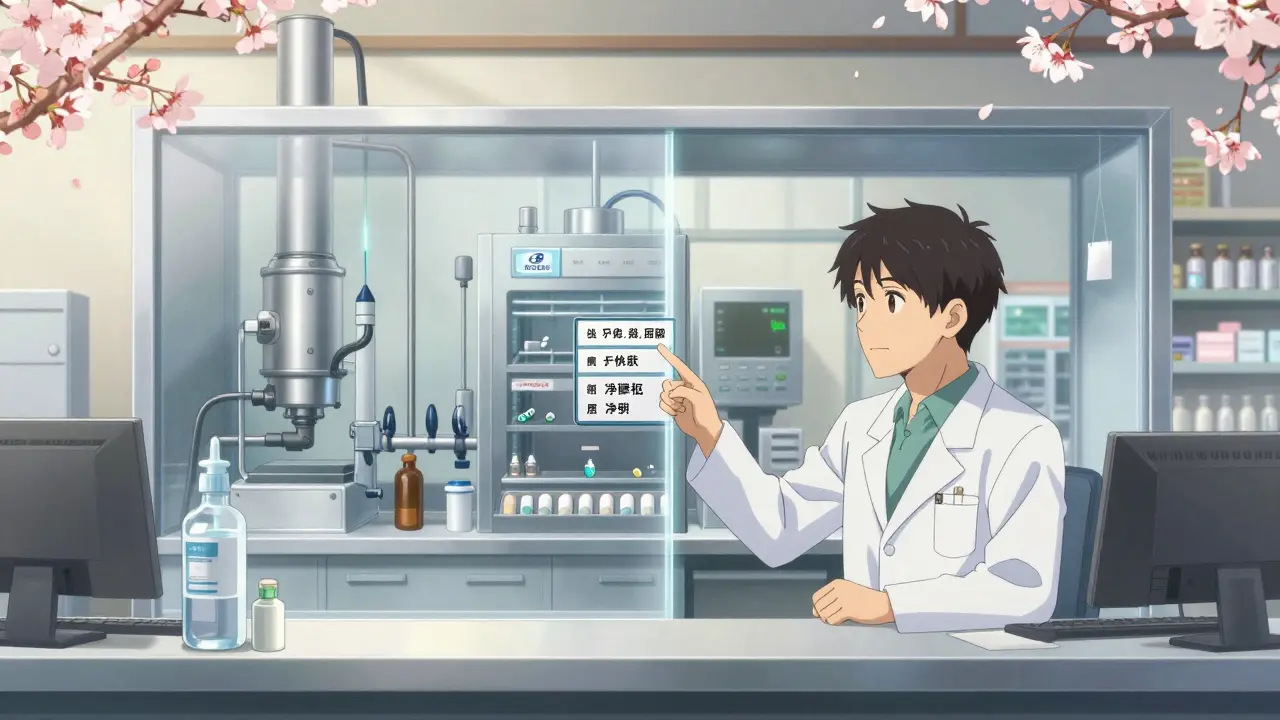 Pharmacist pointing to label as factory produces both brand and generic drugs in background.