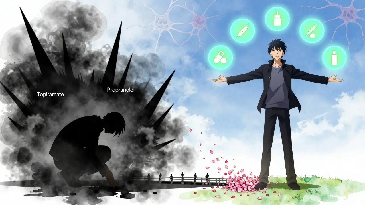 Split image: one side dark with old meds, other bright with CGRP inhibitors—showing transformation from suffering to relief.