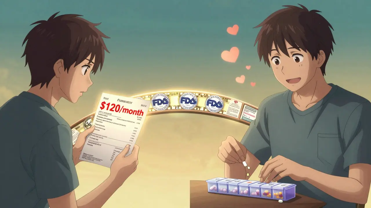 Split scene: a stressed patient facing a high bill transforms into a calm one with a low-cost generic pill, connected by a bridge of medical symbols.