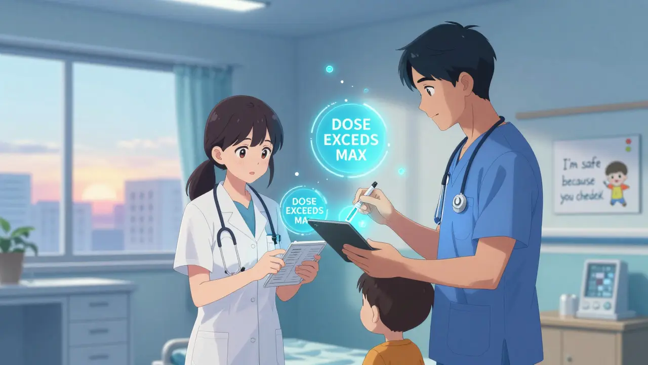 Two healthcare workers double-checking a child’s medication dose with digital alerts.