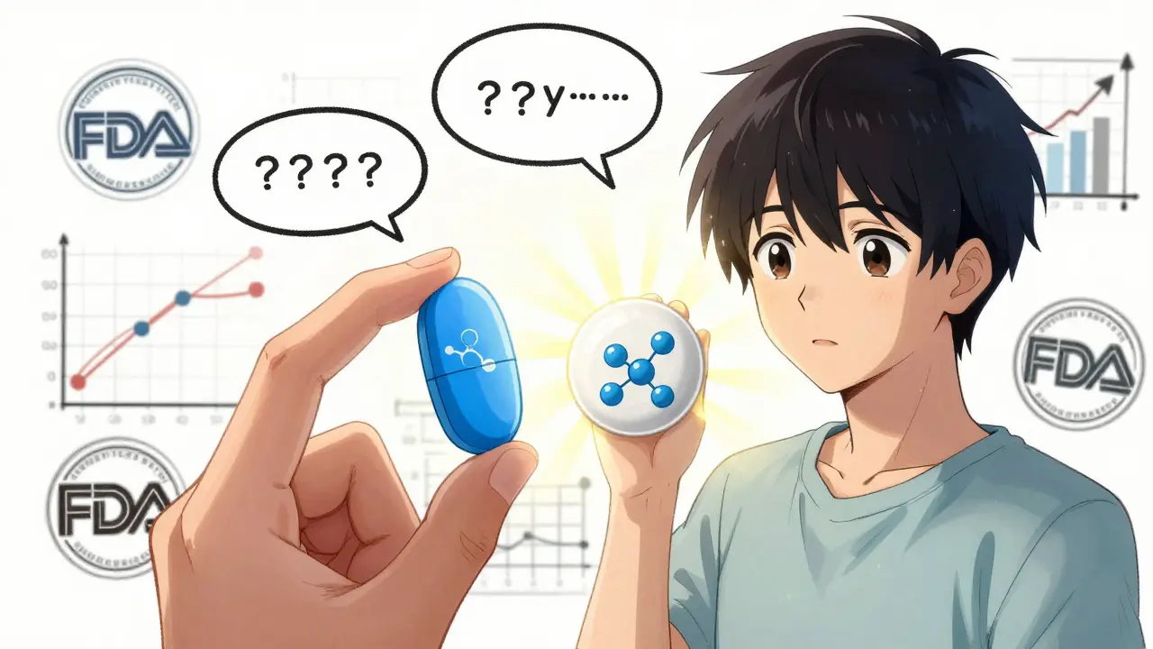 Two pills side by side revealing identical internal molecular structures under light.