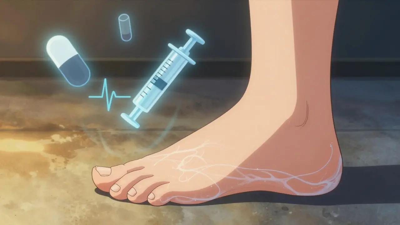 A bare foot with transparent toes revealing fading nerve fibers beneath the skin.