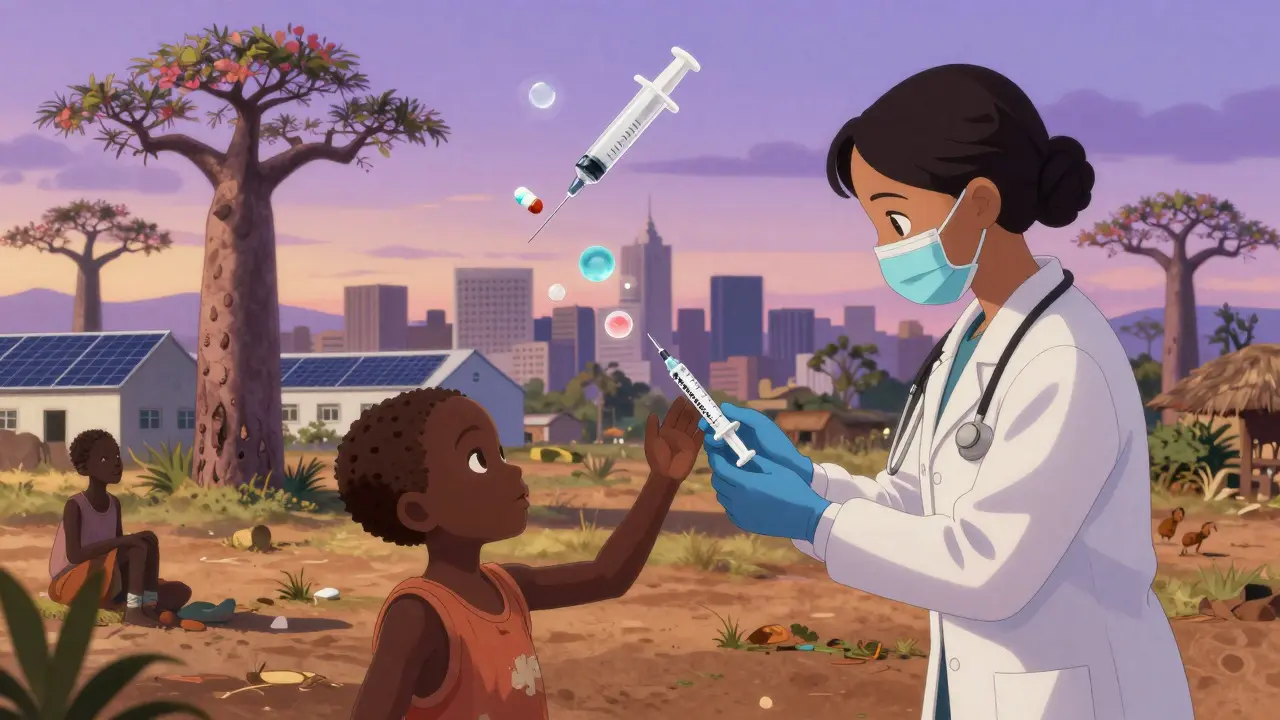 A child receives an HIV injection in a rural village as new clinics and factories rise in the background.