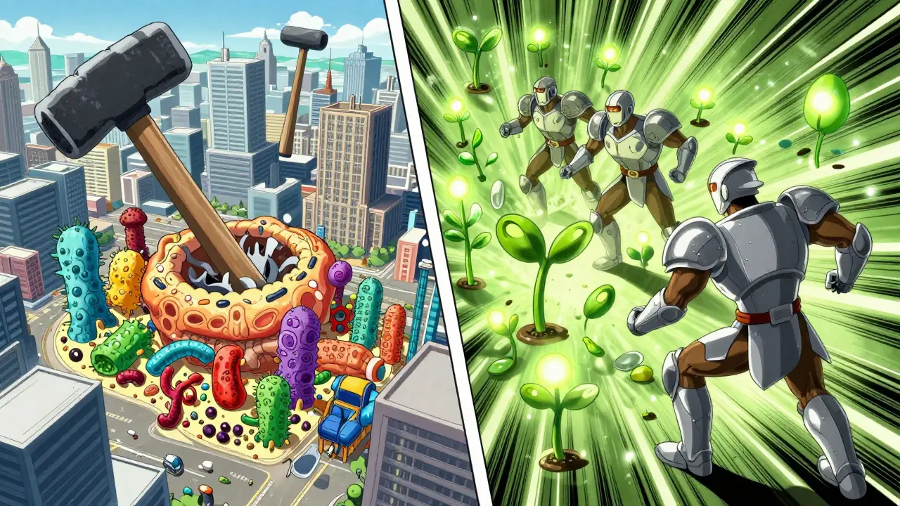 A gut microbiome depicted as a city under attack by antibiotics, with probiotics restoring balance.