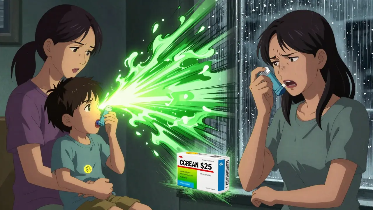 A mother and child holding a cheap generic inhaler, contrasted with a past scene of expensive brand-name medication and stress.
