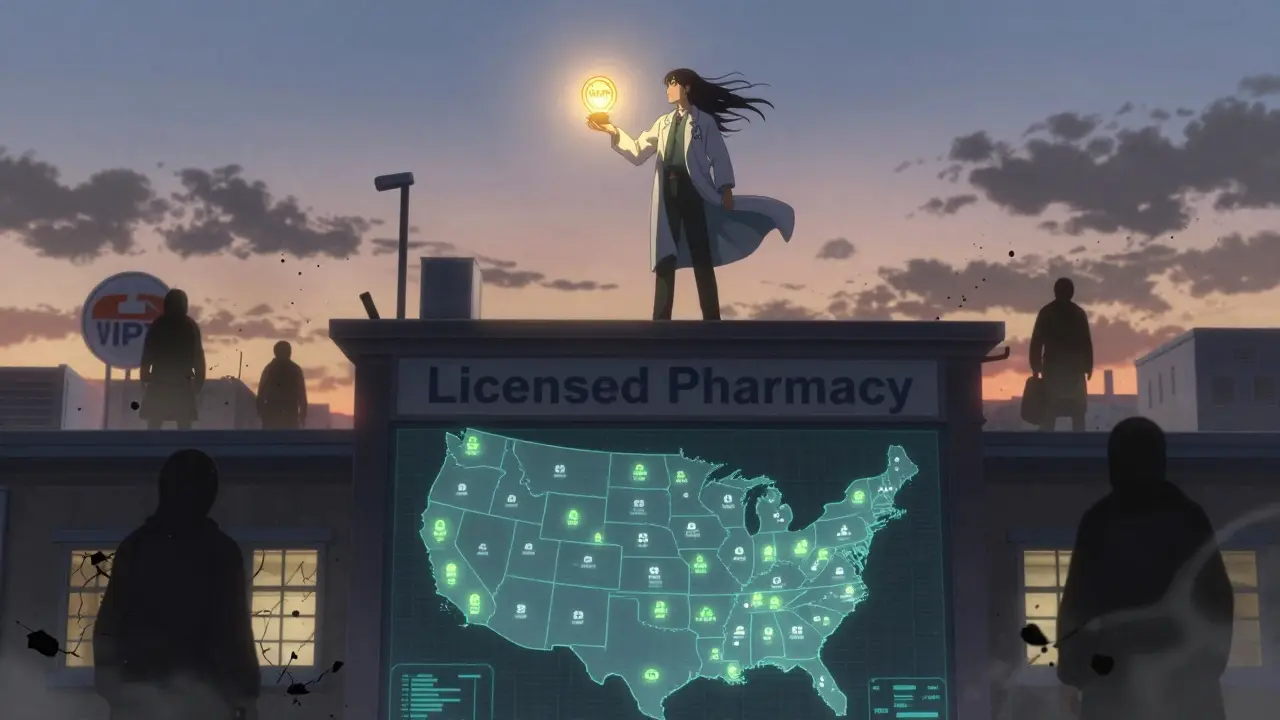 A pharmacist stands atop a licensed pharmacy building as fake pharmacies crumble below, U.S. states glowing with verification.