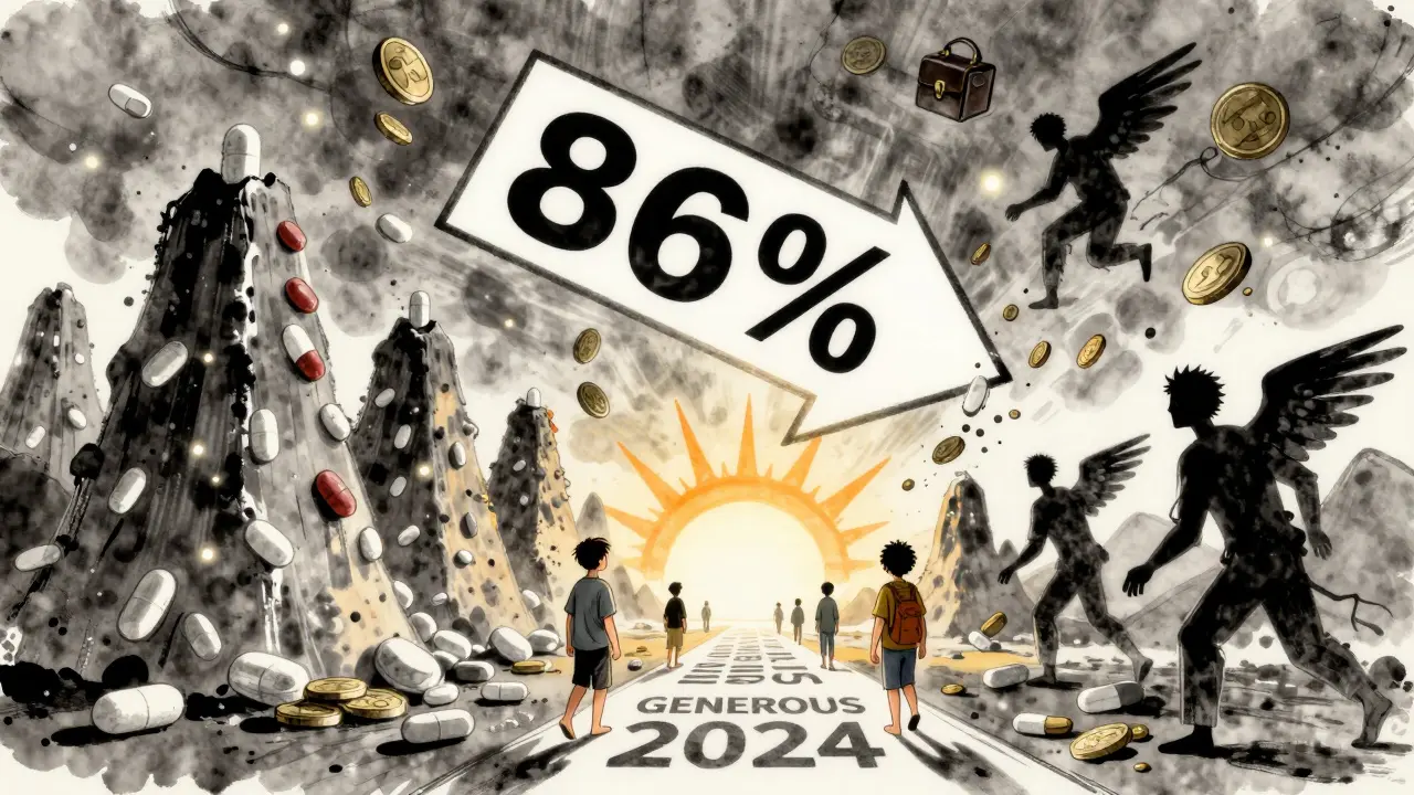 A surreal landscape of generic pill mountains under a giant rebate arrow, with shadowy middlemen trying to steal money.