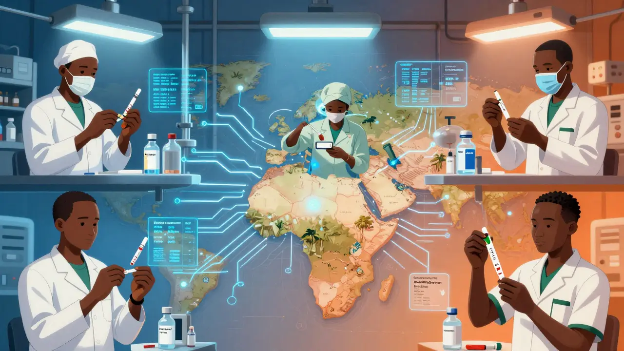 African scientists in Kenya, Nigeria, and South Africa produce HIV medications in modern labs with glowing data streams.