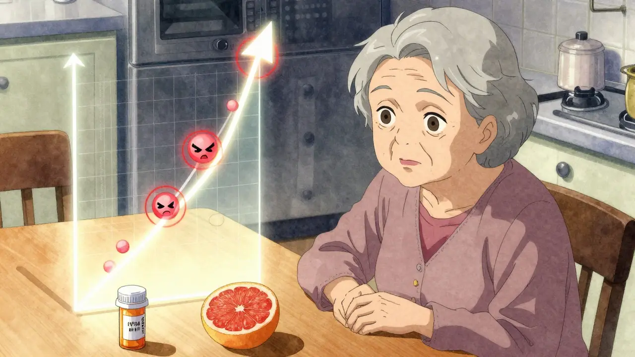 An elderly woman at a kitchen table as grapefruit and medication cause dangerous drug levels to rise in her bloodstream.