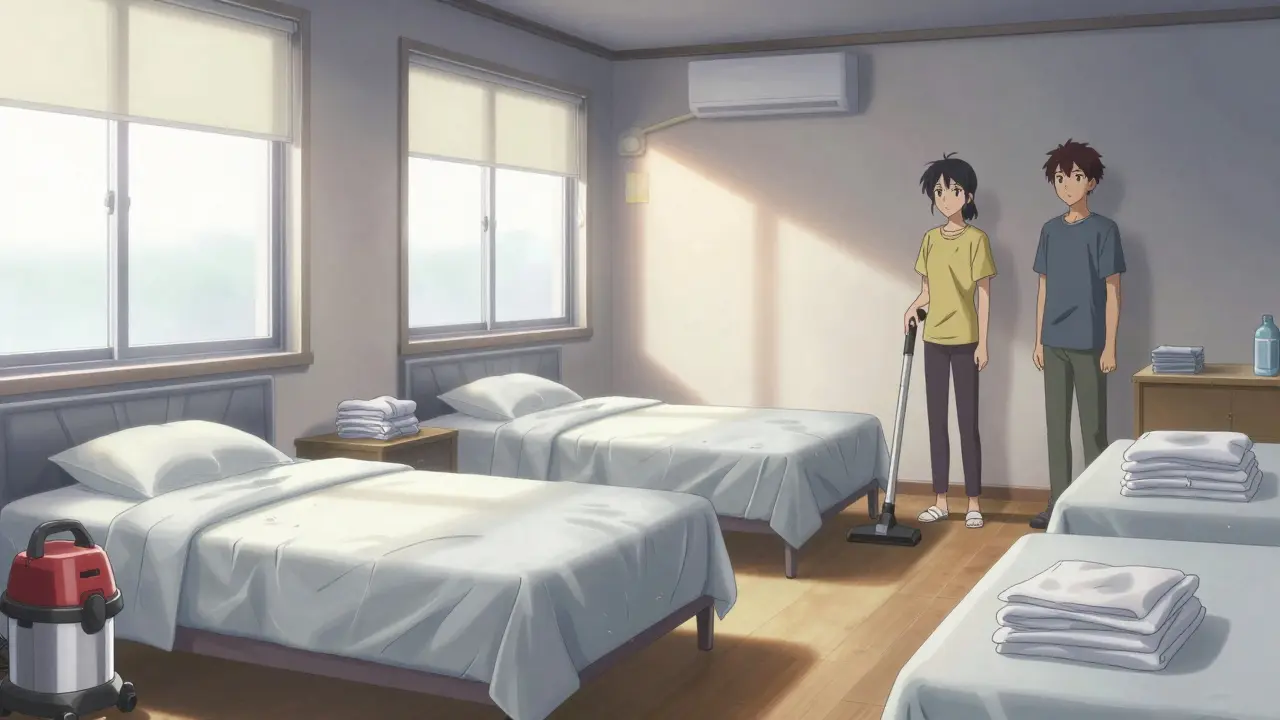 Bright clean bedroom with protected bedding and vacuum cleaner for allergens