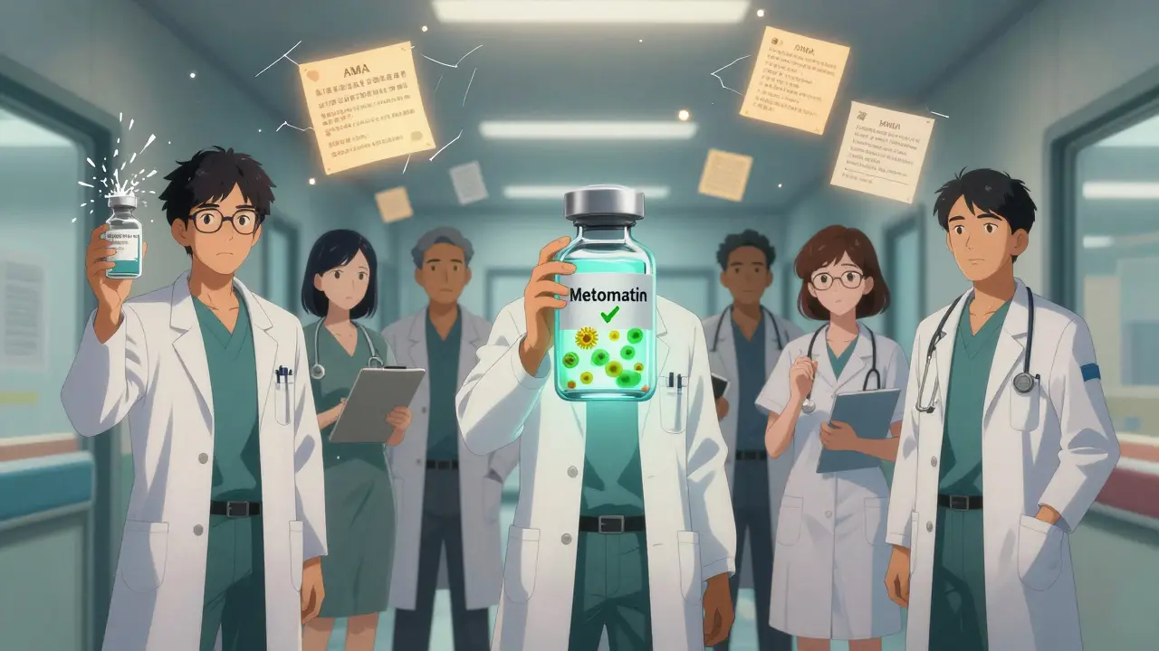 Clinicians holding different drugs in surreal hospital hallway, each with symbolic visual outcomes.
