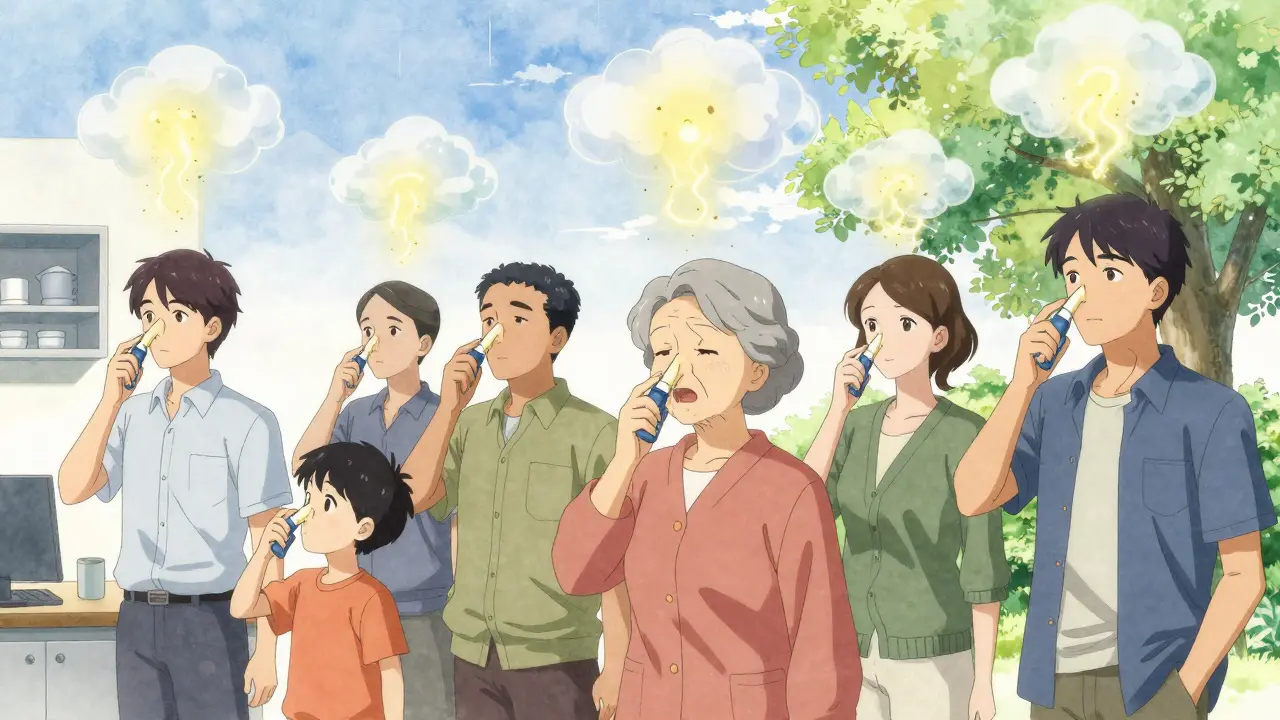 Diverse people using nasal steroid sprays daily, with pollen dissolving harmlessly around them.