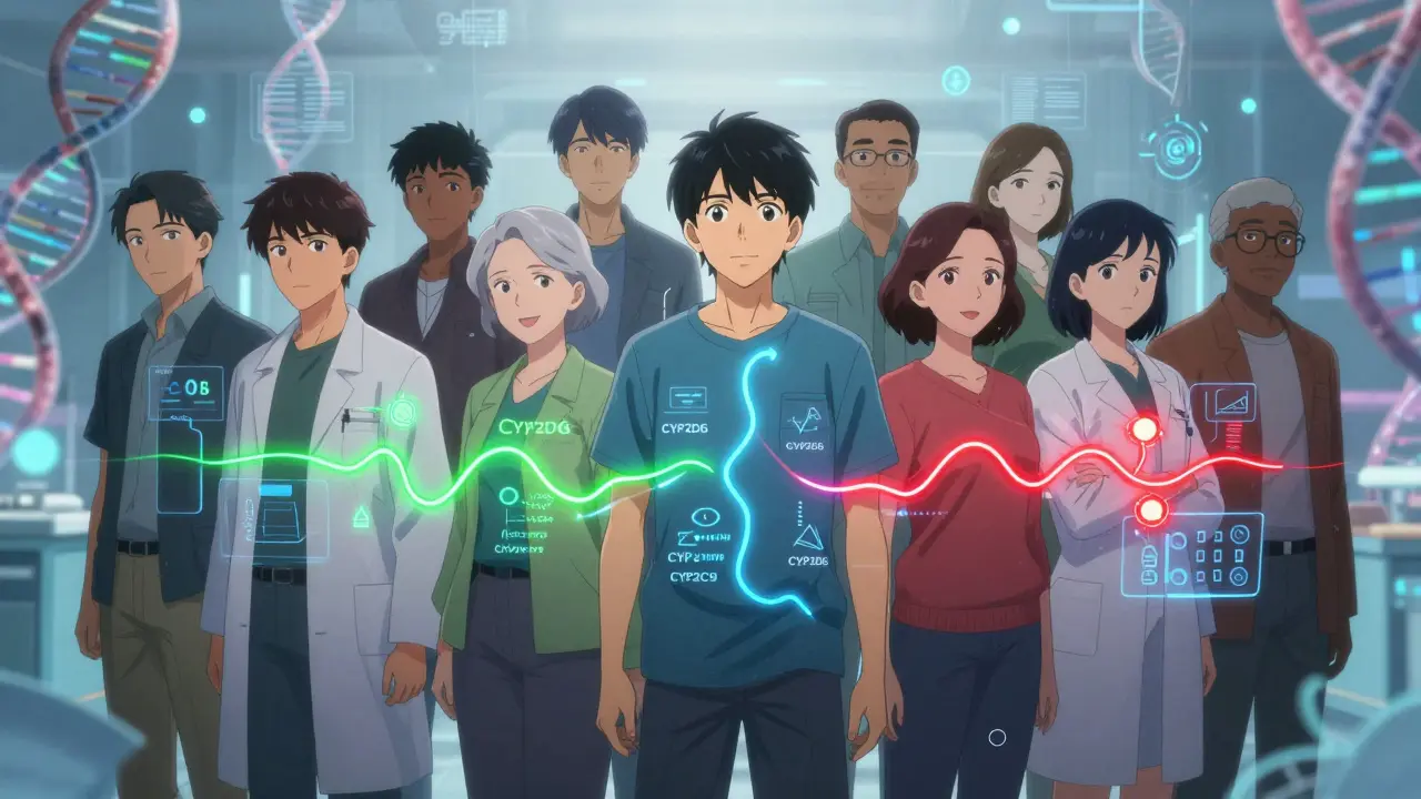 Diverse people with personalized drug flow lines and AI analysis, showing safe and risky pharmacokinetic paths.