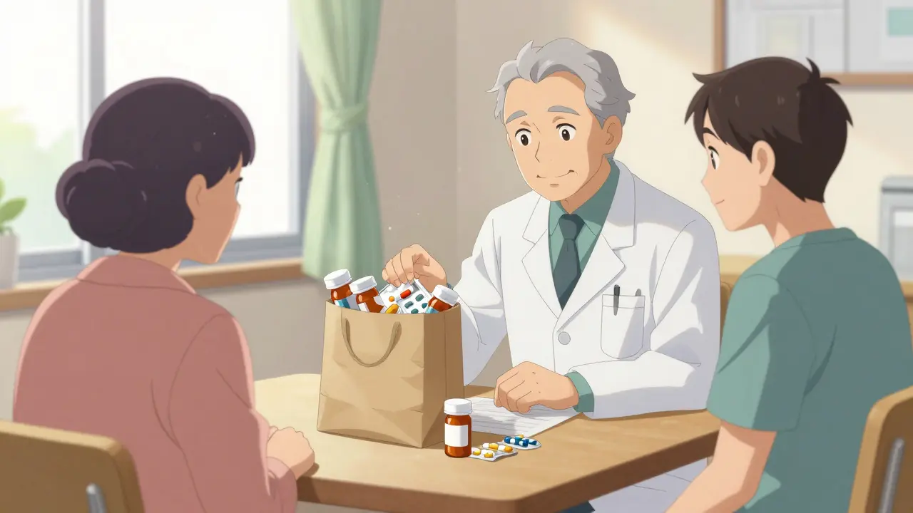 Doctor and patient review medication bottles during consultation.