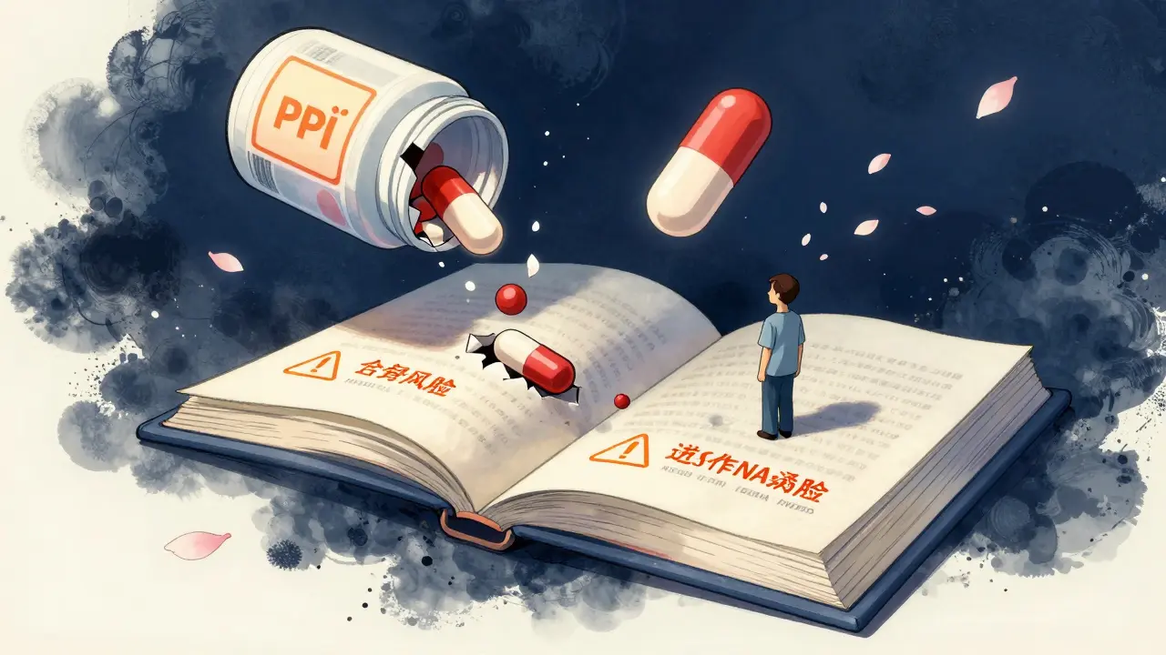 Floating PPI pills rain down on low-risk patients while one stays above high-risk patients.