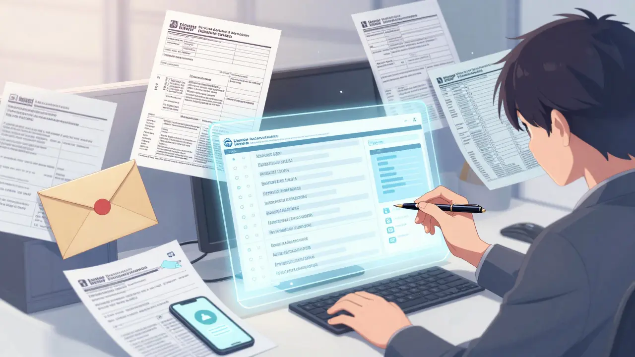 Focused student organizing medical forms floating in mid-air.