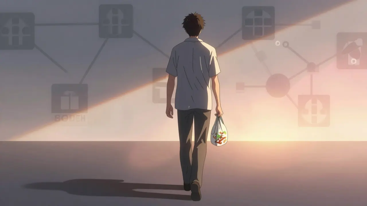 Hopeful patient walking toward sunrise holding medication bag.